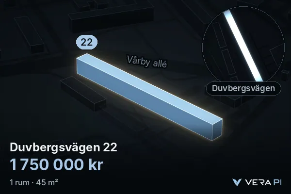 VERA PI:s bild av Duvbergsvägen 22: huset i 3D, upplyst i blått, och kartan runt omkring