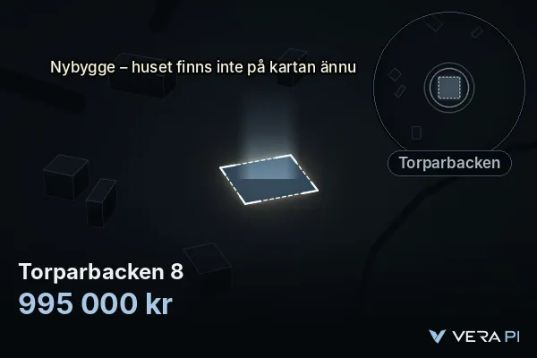 VERA PI's image of Torparbacken 8: the building in 3D, lit in blue, and the map around it