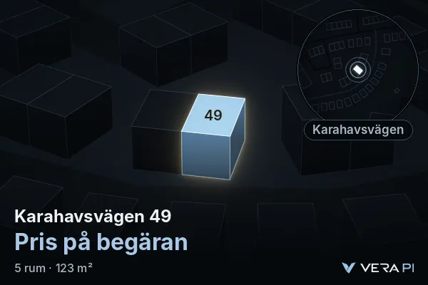 VERA PI:s bild av Karahavsvägen 49: huset i 3D, upplyst i blått, och kartan runt omkring