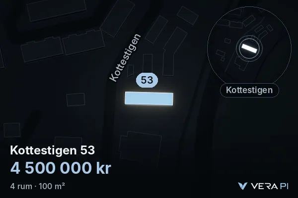 VERA PI's image of Kottestigen 53: the building in 3D, lit in blue, and the map around it
