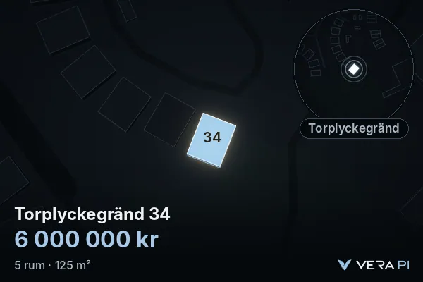 VERA PI's image of Torplyckegränd 34: the building in 3D, lit in blue, and the map around it
