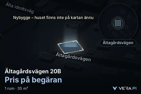 VERA PI:s bild av Ältagårdsvägen 20B: huset i 3D, upplyst i blått, och kartan runt omkring