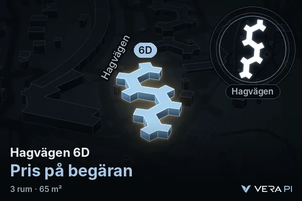 VERA PI:s bild av Hagvägen 6D: huset i 3D, upplyst i blått, och kartan runt omkring