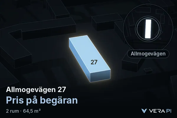 VERA PI's image of Allmogevägen 27: the building in 3D, lit in blue, and the map around it