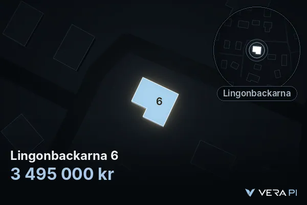 VERA PI:s bild av Lingonbackarna 6: huset i 3D, upplyst i blått, och kartan runt omkring