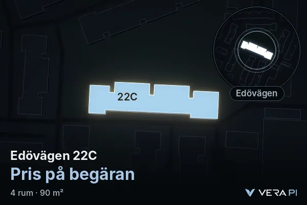 VERA PI:s bild av Edövägen 22C: huset i 3D, upplyst i blått, och kartan runt omkring