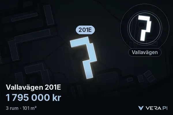 VERA PI's image of Vallavägen 201E: the building in 3D, lit in blue, and the map around it