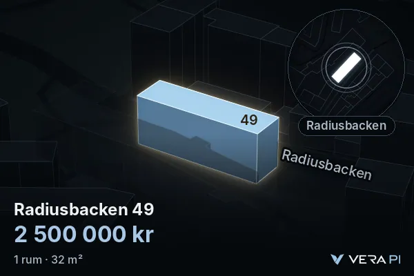 VERA PI's image of Radiusbacken 49: the building in 3D, lit in blue, and the map around it