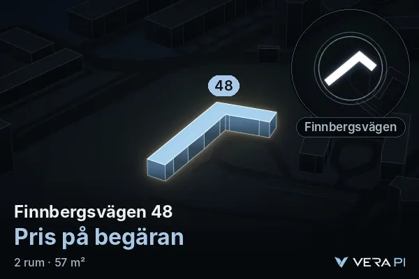 VERA PI:s bild av Finnbergsvägen 48: huset i 3D, upplyst i blått, och kartan runt omkring