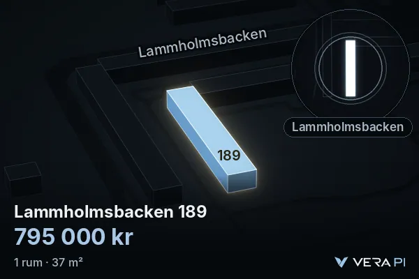 VERA PI:s bild av Lammholmsbacken 189: huset i 3D, upplyst i blått, och kartan runt omkring