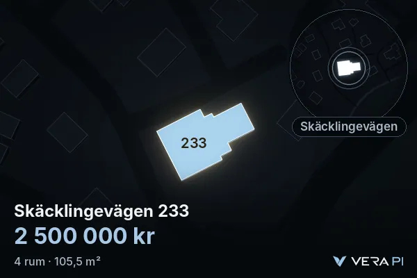 VERA PI's image of Skäcklingevägen 233: the building in 3D, lit in blue, and the map around it
