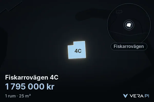 VERA PI's image of Fiskarrovägen 4C: the building in 3D, lit in blue, and the map around it