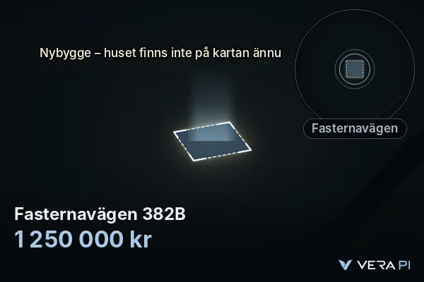 VERA PI's image of Fasternavägen 382B: the building in 3D, lit in blue, and the map around it