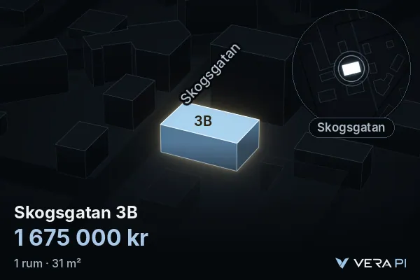VERA PI's image of Skogsgatan 3B: the building in 3D, lit in blue, and the map around it