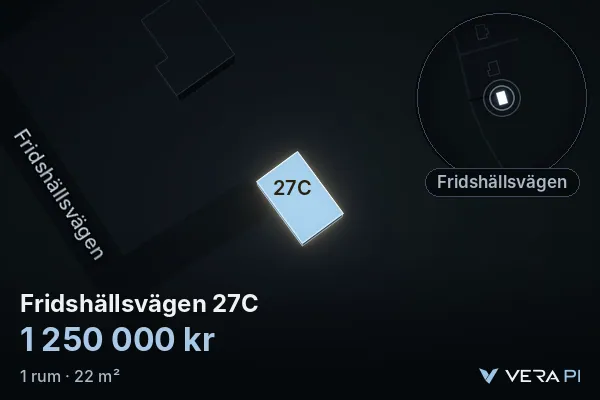 VERA PI's image of Fridshällsvägen 27C: the building in 3D, lit in blue, and the map around it