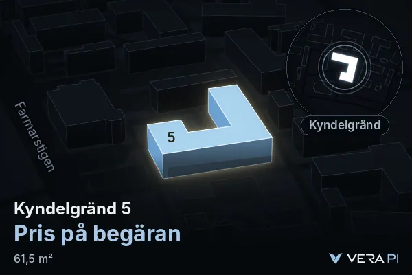 VERA PI's image of Kyndelgränd 5: the building in 3D, lit in blue, and the map around it