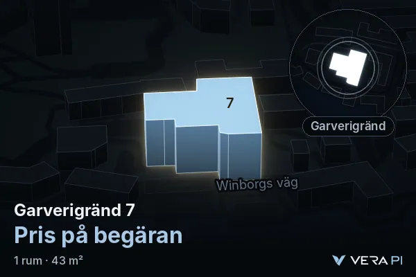 VERA PI:s bild av Garverigränd 7: huset i 3D, upplyst i blått, och kartan runt omkring