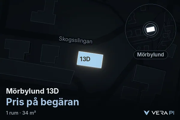 VERA PI's image of Mörbylund 13D: the building in 3D, lit in blue, and the map around it
