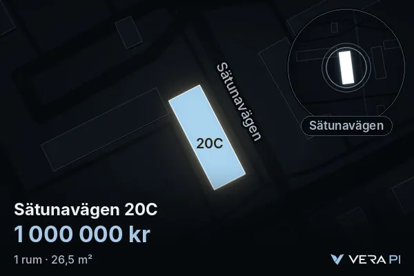 VERA PI:s bild av Sätunavägen 20C: huset i 3D, upplyst i blått, och kartan runt omkring