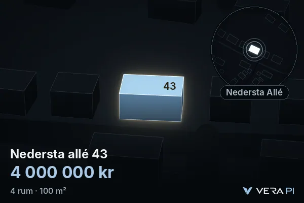 VERA PI:s bild av Nedersta allé 43: huset i 3D, upplyst i blått, och kartan runt omkring