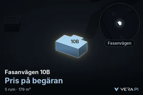 VERA PI:s bild av Fasanvägen 10B: huset i 3D, upplyst i blått, och kartan runt omkring