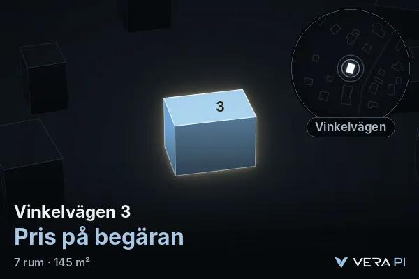 VERA PI:s bild av Vinkelvägen 3: huset i 3D, upplyst i blått, och kartan runt omkring