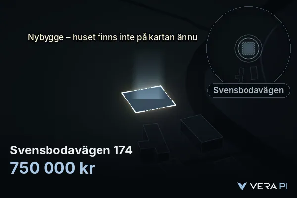 VERA PI's image of Svensbodavägen 174: the building in 3D, lit in blue, and the map around it