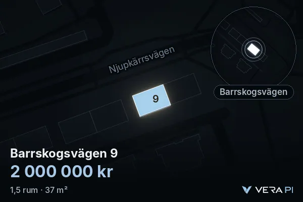 VERA PI's image of Barrskogsvägen 9: the building in 3D, lit in blue, and the map around it