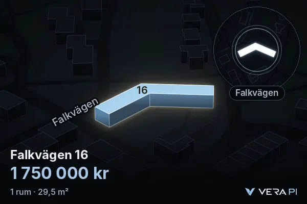 VERA PI's image of Falkvägen 16: the building in 3D, lit in blue, and the map around it