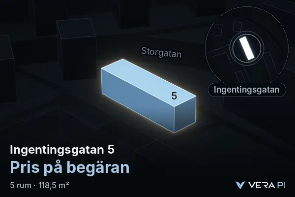 VERA PI's image of Ingentingsgatan 5: the building in 3D, lit in blue, and the map around it