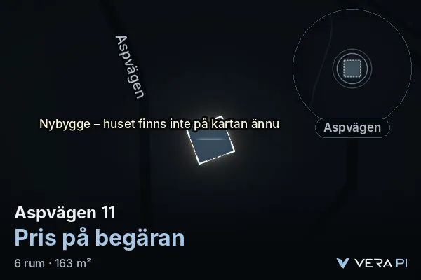 VERA PI's image of Aspvägen 11: the building in 3D, lit in blue, and the map around it