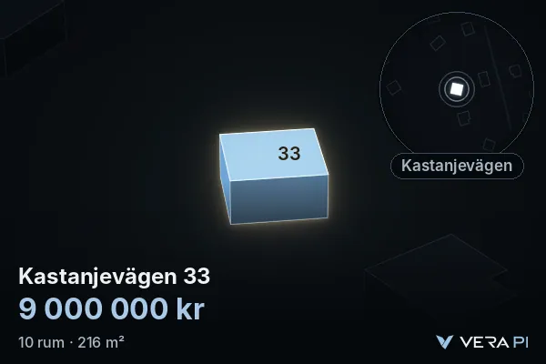 VERA PI:s bild av Kastanjevägen 33: huset i 3D, upplyst i blått, och kartan runt omkring