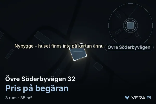 VERA PI:s bild av Övre Söderbyvägen 32: huset i 3D, upplyst i blått, och kartan runt omkring