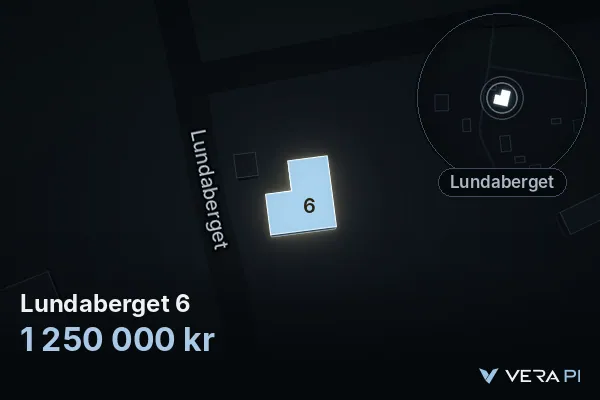 VERA PI:s bild av Lundaberget 6: huset i 3D, upplyst i blått, och kartan runt omkring