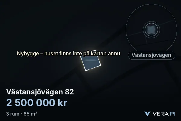 VERA PI:s bild av Västansjövägen 82: huset i 3D, upplyst i blått, och kartan runt omkring