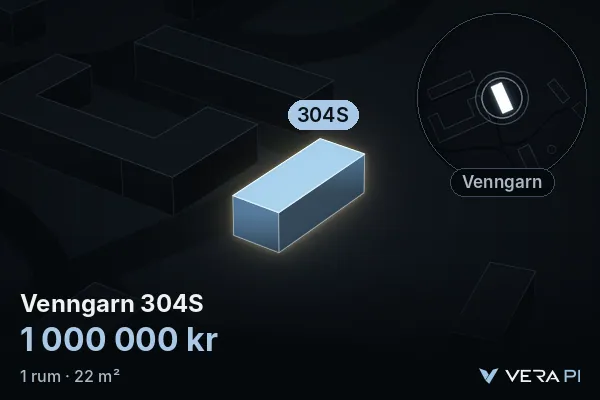 VERA PI:s bild av Venngarn 304S: huset i 3D, upplyst i blått, och kartan runt omkring