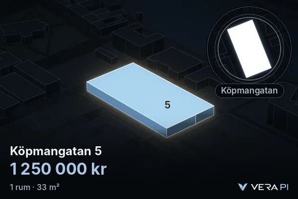 VERA PI:s bild av Köpmangatan 5: huset i 3D, upplyst i blått, och kartan runt omkring
