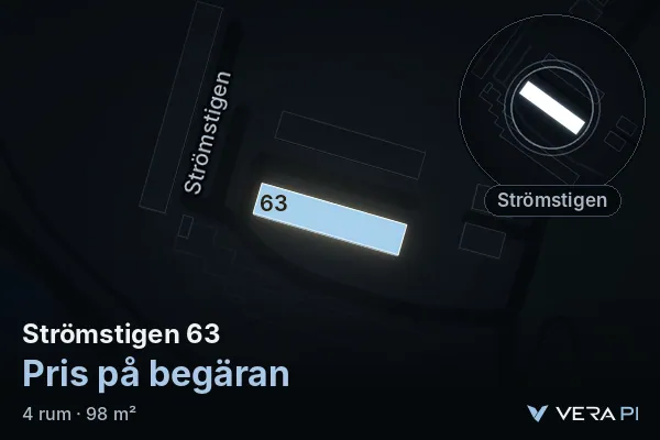 VERA PI:s bild av Strömstigen 63: huset i 3D, upplyst i blått, och kartan runt omkring