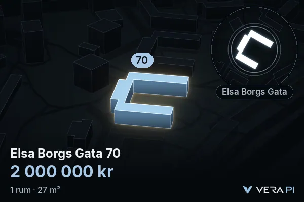 VERA PI:s bild av Elsa Borgs Gata 70: huset i 3D, upplyst i blått, och kartan runt omkring