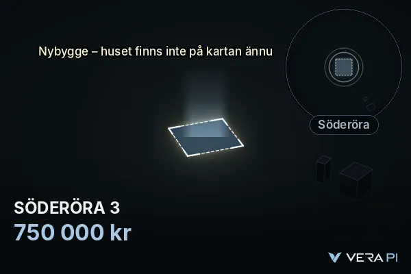 VERA PI:s bild av SÖDERÖRA 3: huset i 3D, upplyst i blått, och kartan runt omkring