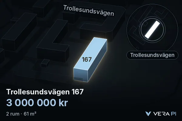 VERA PI's image of Trollesundsvägen 167: the building in 3D, lit in blue, and the map around it