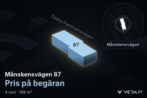 VERA PI's image of Månskensvägen 87: the building in 3D, lit in blue, and the map around it