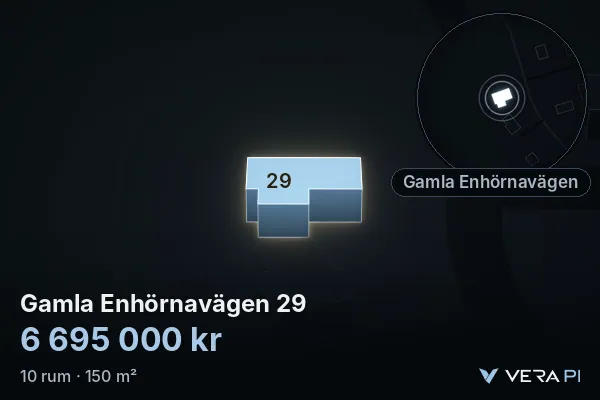 VERA PI's image of Gamla Enhörnavägen 29: the building in 3D, lit in blue, and the map around it