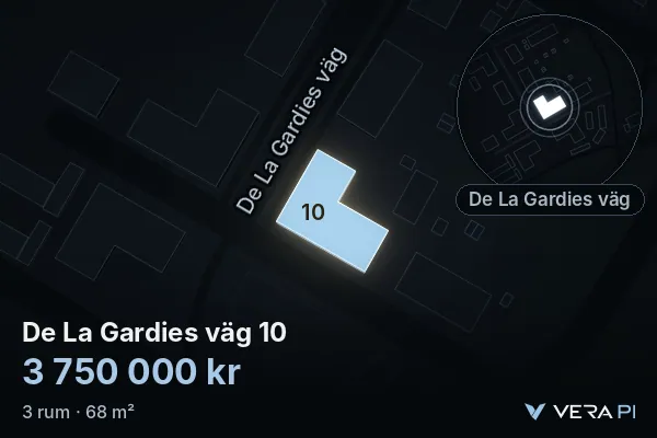 VERA PI:s bild av De La Gardies väg 10: huset i 3D, upplyst i blått, och kartan runt omkring