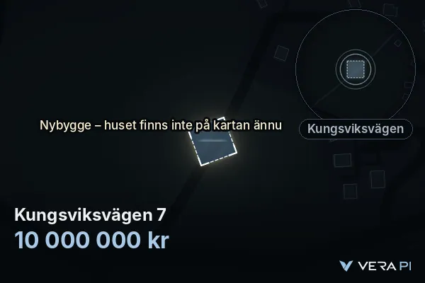 VERA PI:s bild av Kungsviksvägen 7: huset i 3D, upplyst i blått, och kartan runt omkring