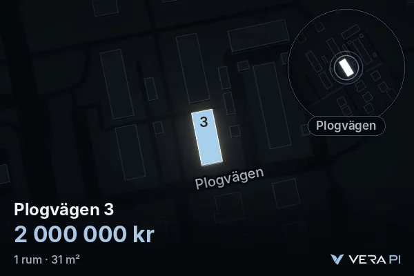 VERA PI:s bild av Plogvägen 3: huset i 3D, upplyst i blått, och kartan runt omkring