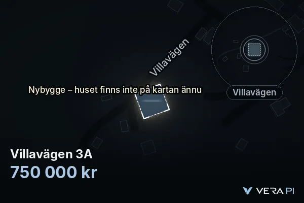 VERA PI's image of Villavägen 3A: the building in 3D, lit in blue, and the map around it