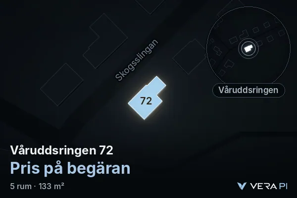 VERA PI:s bild av Våruddsringen 72: huset i 3D, upplyst i blått, och kartan runt omkring