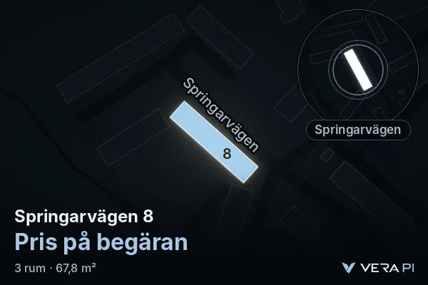 VERA PI:s bild av Springarvägen 8: huset i 3D, upplyst i blått, och kartan runt omkring