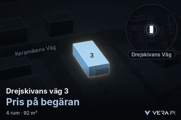 VERA PI's image of Drejskivans väg 3: the building in 3D, lit in blue, and the map around it